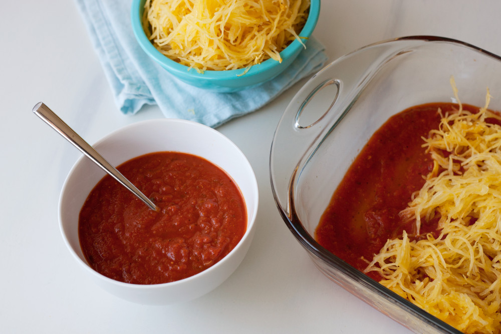 Perfect potluck spaghetti squash lasagna sauce and cheese