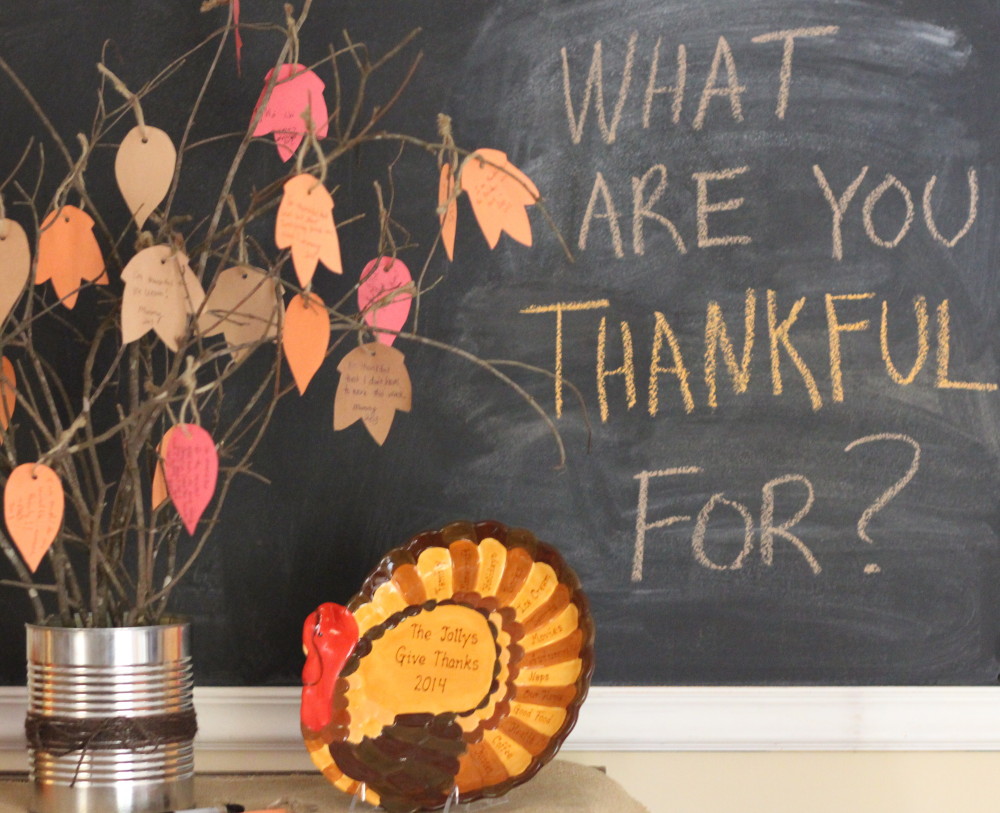 turkey platter and gratitude tree in front of chalkboard
