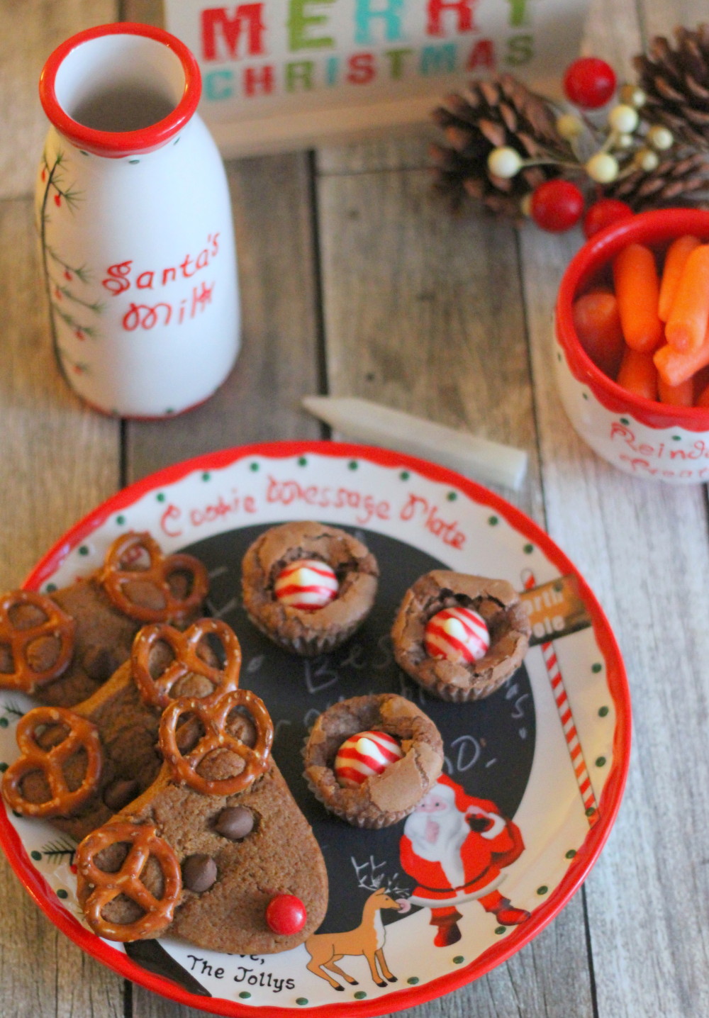 reindeer cookies, peppermint brownie bites carrots and milk for Santa
