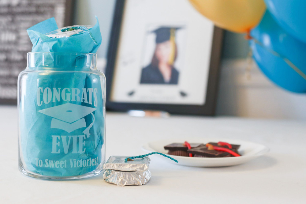 mason jar with wrapped chocolate treats