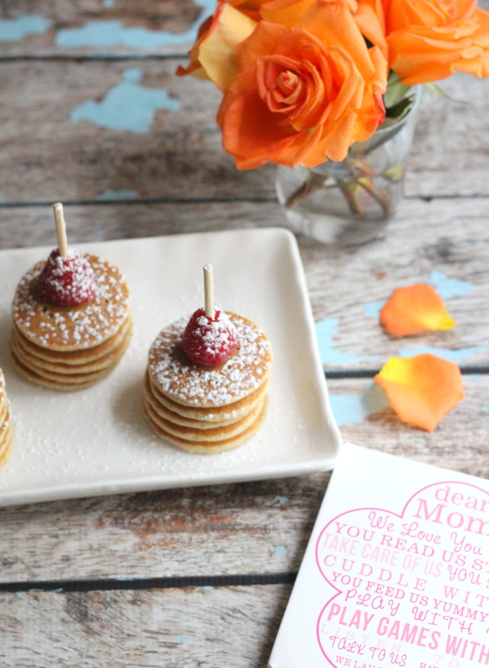orange roses and mini pancakes