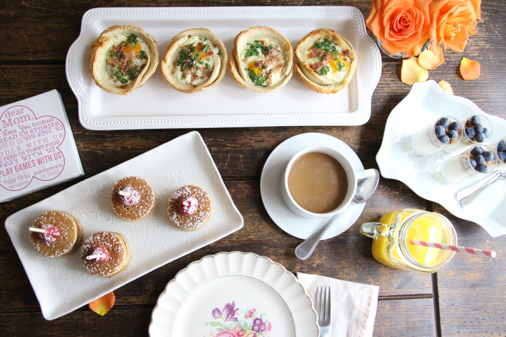 assorted breakfast foods and drinks