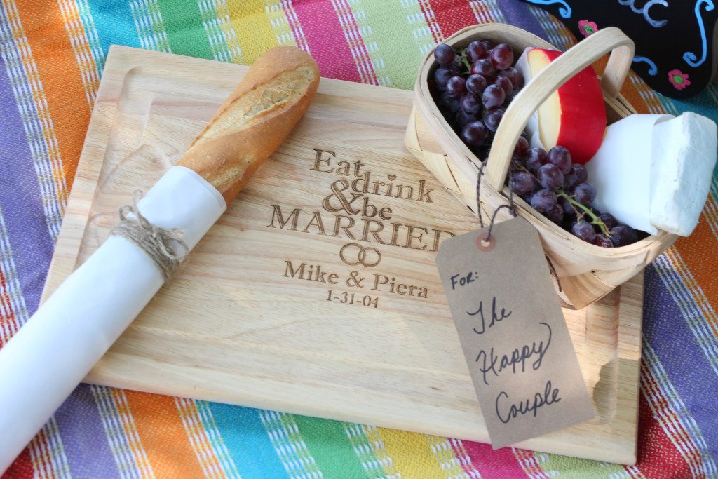 just married personalized cutting board with fruit cheese and bread
