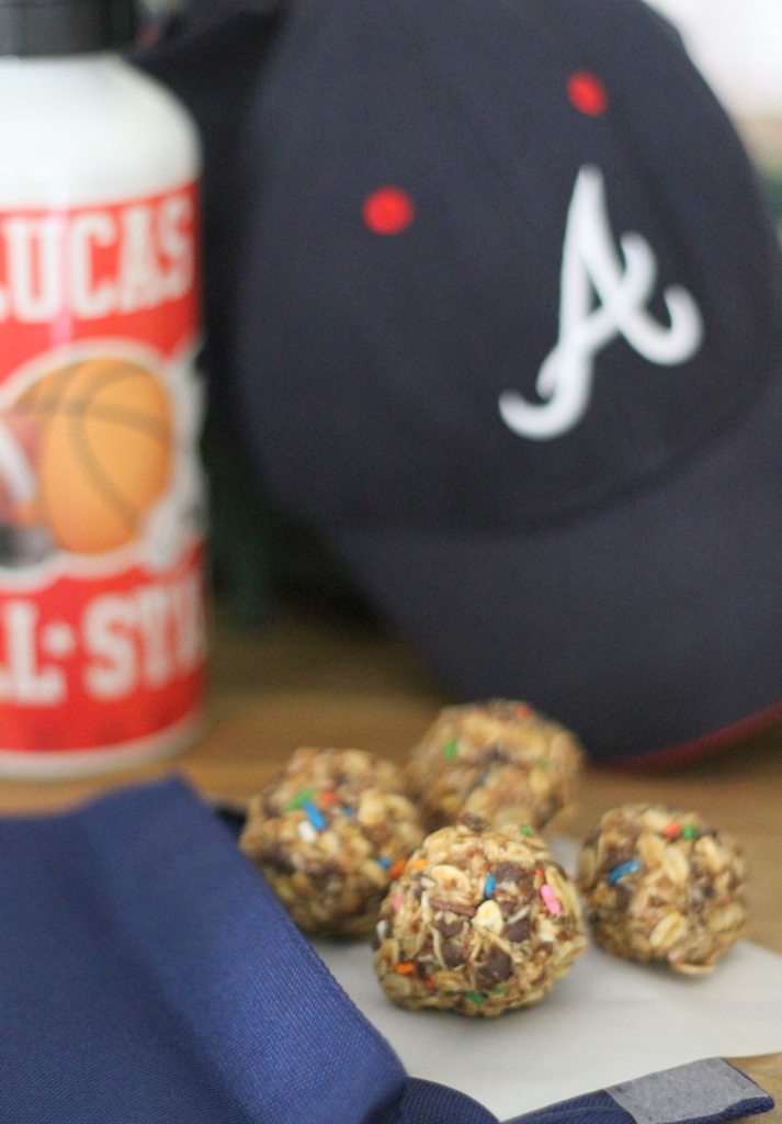 back to school snacks granola balls and Braves hat