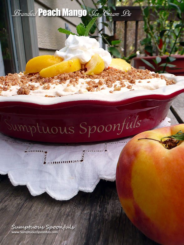 peaches, mangos, graham cracker, pecans, and a homemade vanilla soft-serve ice cream