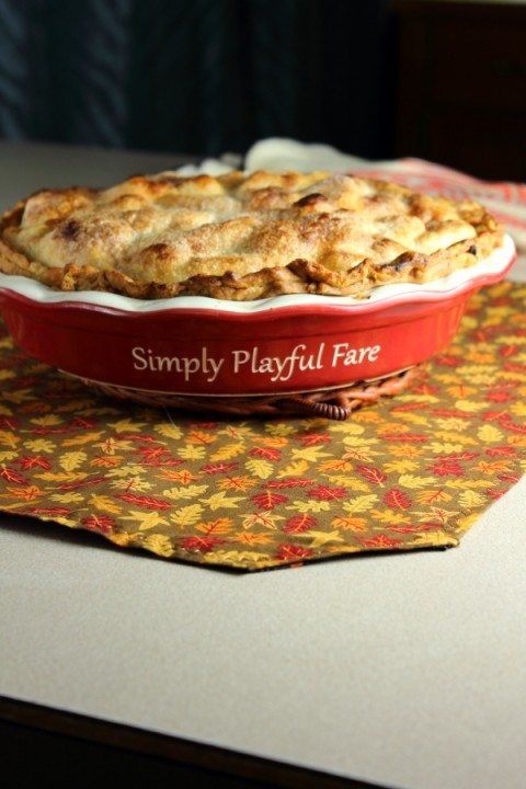 caramel apple pecan pie in a personalized dish