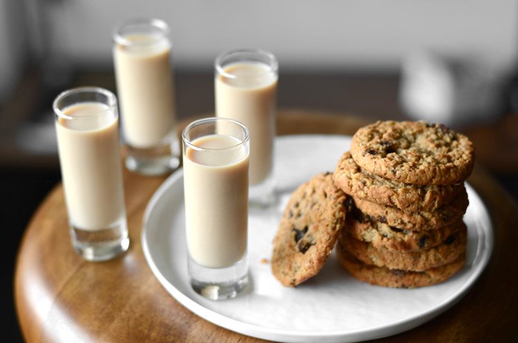 four shots, and a stack of oatmeal cookies