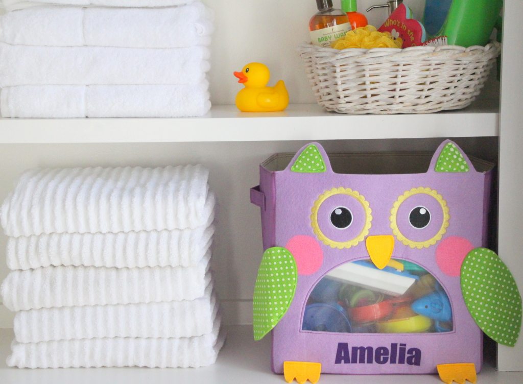 personalized toy box on shelf