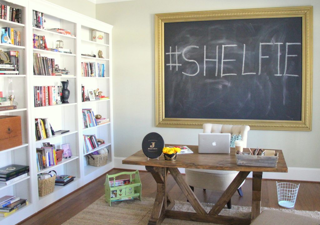 shelves and chalkboard shelfie