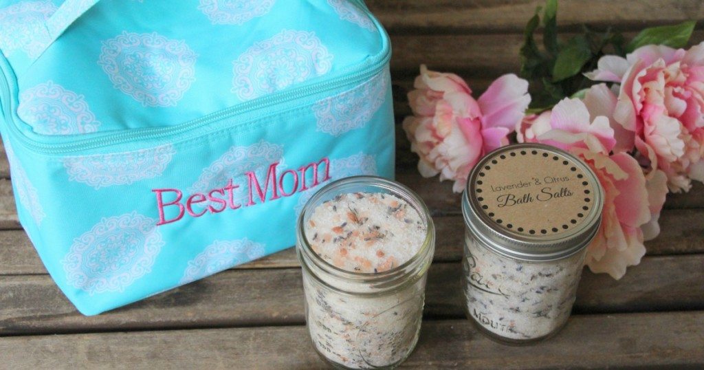 DIY Bath Salts jars and Best Mom personalized bag from personal creations
