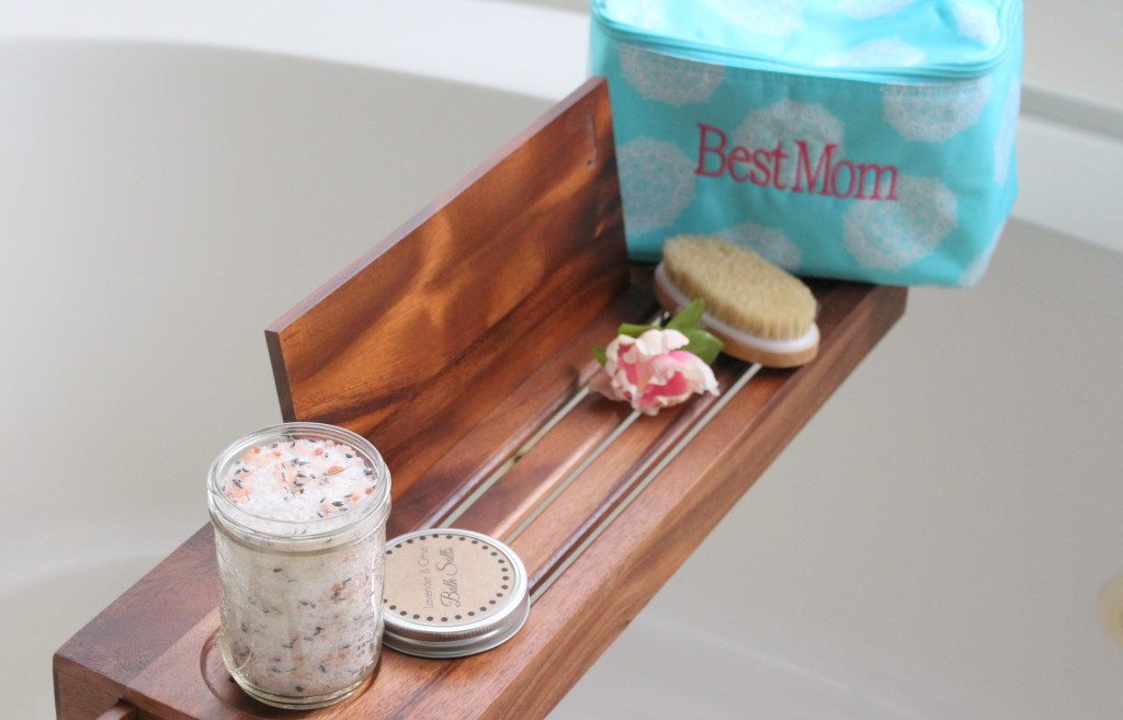 DIY Bath Salts jars on a bath caddy