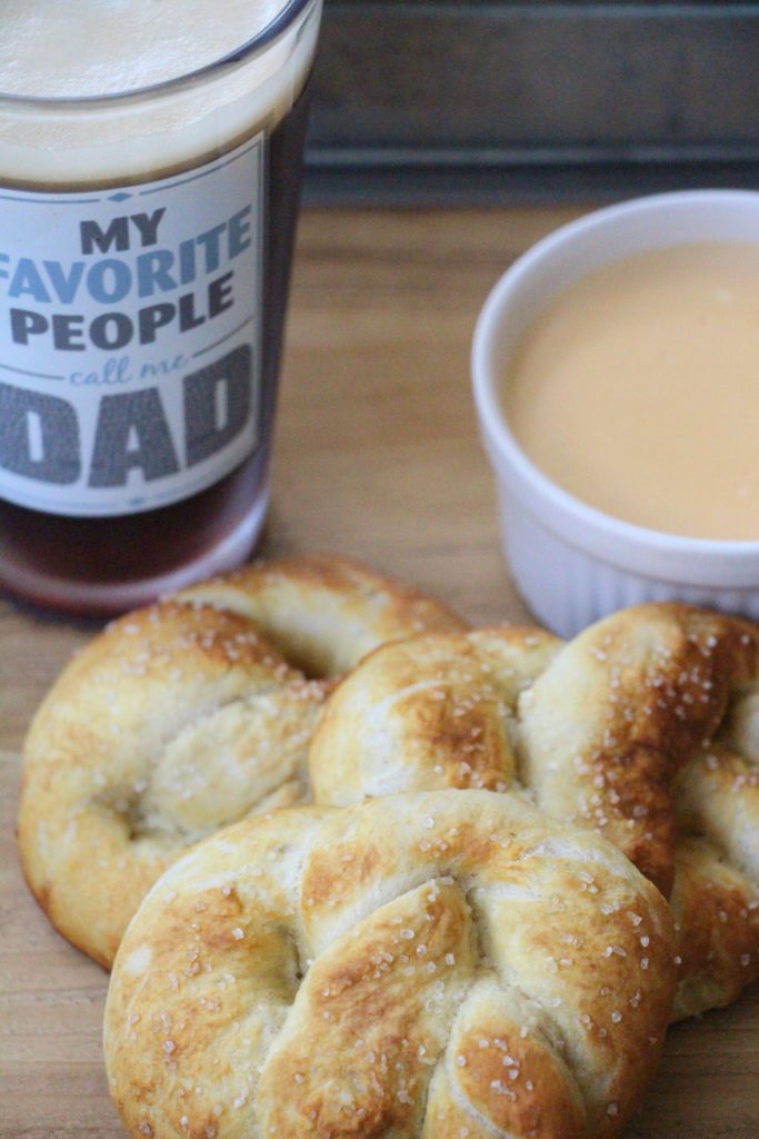 personalized dad beer glass and pretzels and cheese