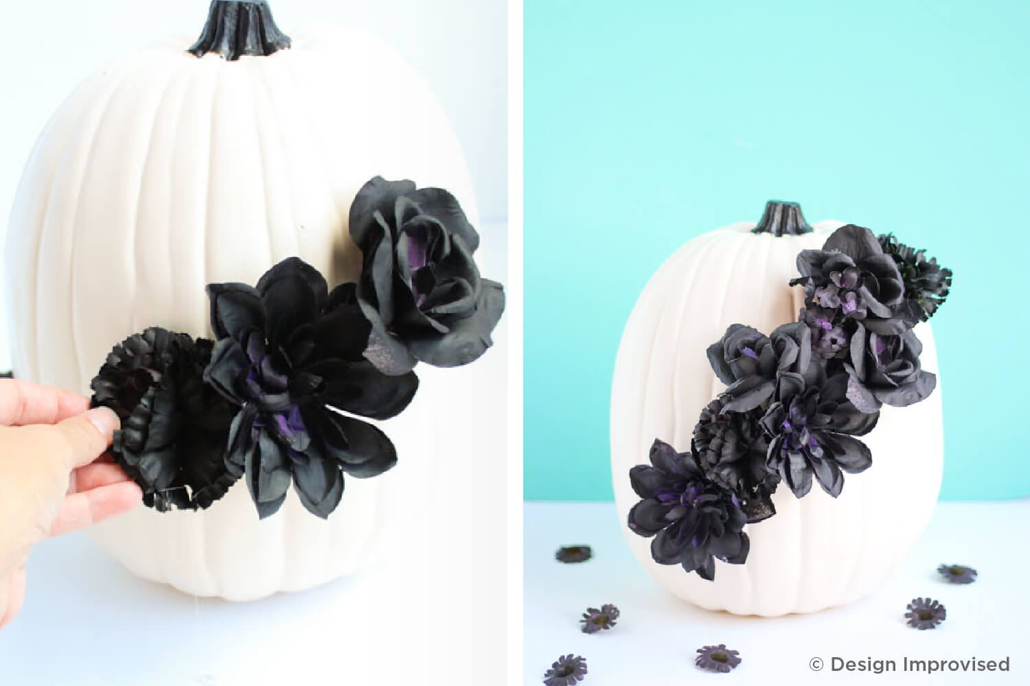 white pumpkin with black flowers attached 