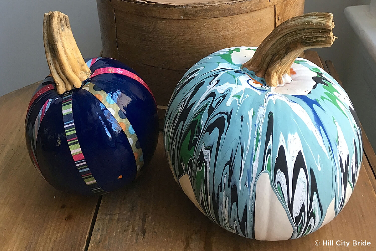 pumpkins painted with a marble design