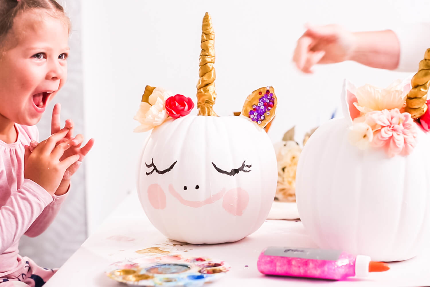 pumpkin painted to look like a unicorn