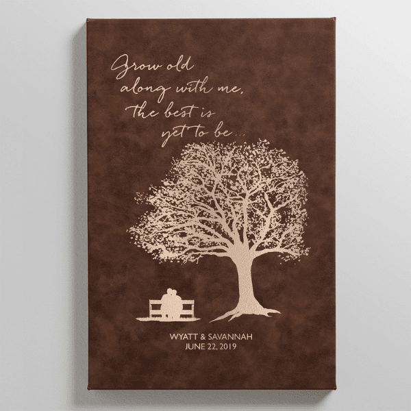 leather wall art featuring a tree and personalization