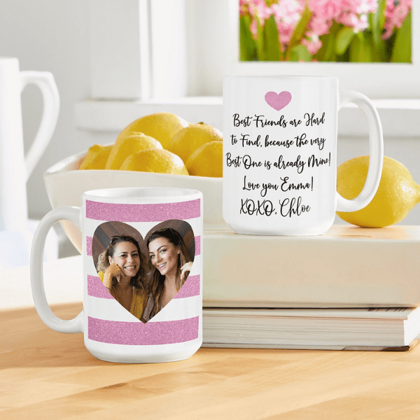 coffee mug with pink shimmer stripes and photo